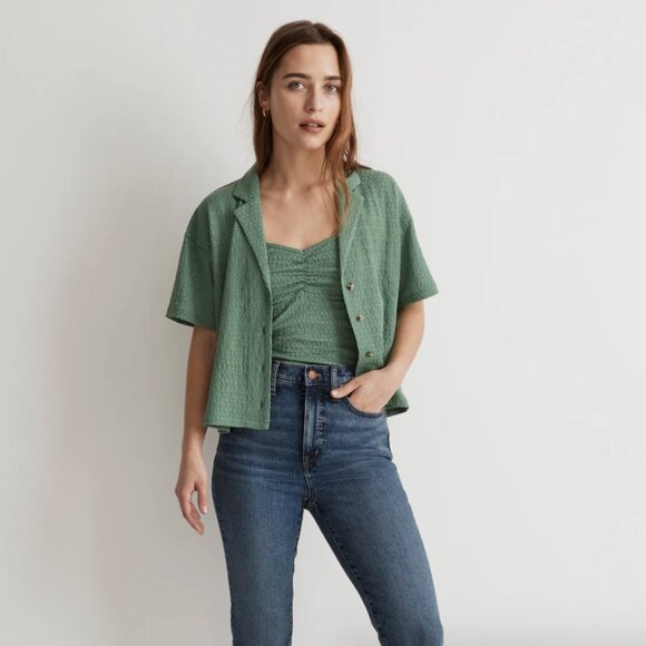 Madewell Green Crinkle-Knit Short Sleeve Button-Front Top - Picture 2 of 12